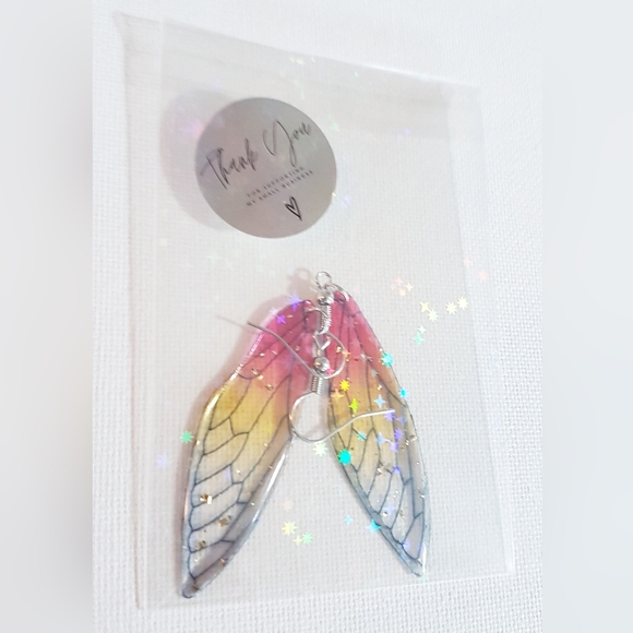 Winging It Earrings Red and Yellow Transluscent Wings Handmade Jewelry - Picture 3 of 12